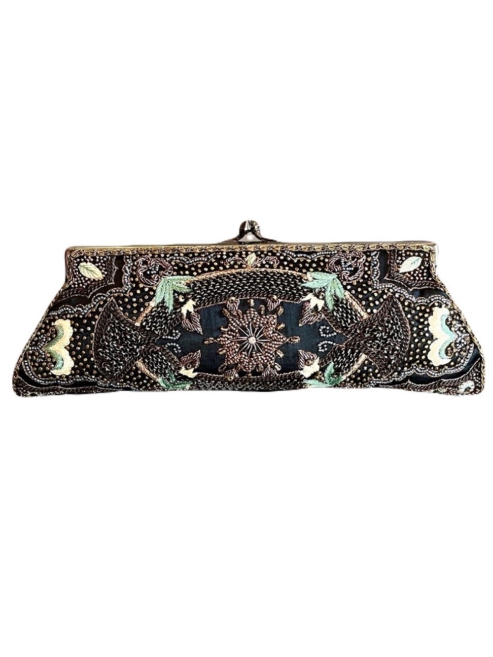 Moyna Black Beaded Embroidered Clutch with Mint and Gold Accents